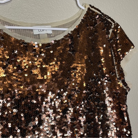 Ann Taylor LOFT Bronze and Cream Sequin Mesh Cap Sleeve Top Size Medium - Picture 7 of 13